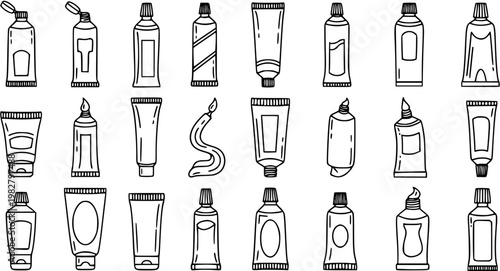 Black  White Line Art Hand-Drawn Collection of Tubes and Bottles Packaging for Cosmetics, Beauty Products, and Art Supplies
