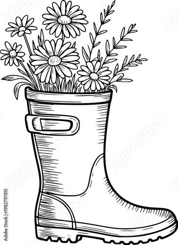 Black and white line of daisies and greenery overflowing from a rubber boot wellington