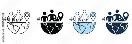 Migration flow icon set, multiple style vector collection in line, flat, and outline design, illustrating human movement, relocation arrows