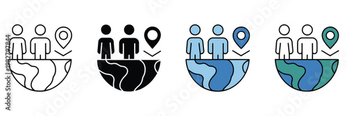 Migration flow icon set, modern editable stroke icon pack featuring directional arrows, moving people symbols