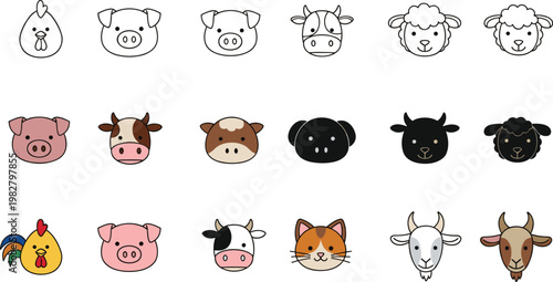 Farm Animal Face Vector Set Featuring Pig, Cow, Goat, Sheep, and Chicken Illustrations for Agricultural, Animal, and Farm Designs