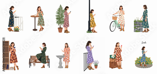 Flat illustration set of a young woman in floral dresses and boots, using her smartphone in various outdoor and indoor lifestyle settings.