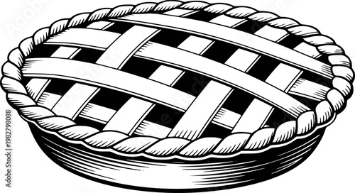 Black and white of a lattice pie with braided crust white background, food dessert