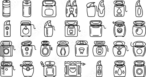 Dental Floss  Oral Hygiene Line Art Icons Set. Black  White Outline Symbols for Tooth Care, Flossing Devices, and Dental Health Products Collection.