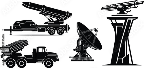 Black silhouettes of military missile launchers and satellite dishes on white background, radar military equipment