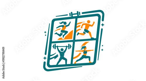 Icon of Running Track and Athletes in Motion for Sports and Fitness Concept