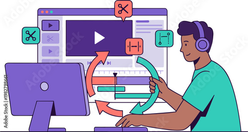 Man working on computer editing video with headphones on