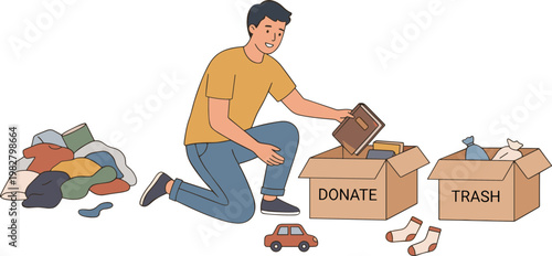 Man sorting clothes and items into donate and trash boxes outdoors