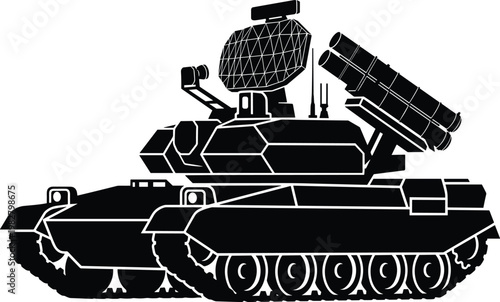 Black silhouette of a military tank with missile launcher, white outline on plain white background
