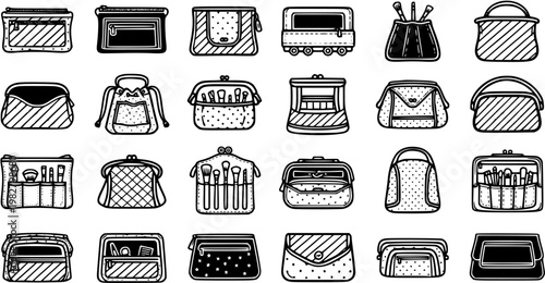 Black and White Line Art Collection of Various Cosmetic Bags and Pouches for Makeup