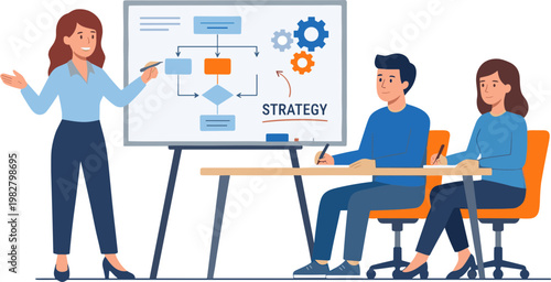 Businesswoman explains strategy to colleagues in meeting room with whiteboard