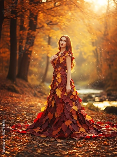 Woman in autumn leaf dress stands in a forest with golden foliage