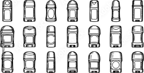 Black and White Line Art Hand-drawn Icons of Deodorant and Antiperspirant Sticks for Personal Care and Hygiene Products