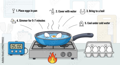 Cooking soft boiled eggs step-by-step on a stovetop with timer and egg carton