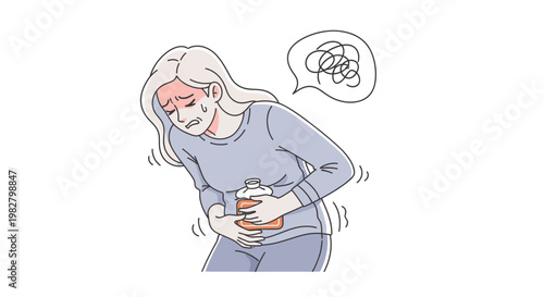 Woman suffering from stomach ache holding hot water bottle, feeling unwell