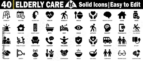 Elderly care solid icons set. Collection of various symbols for senior health support and geriatric nursing, including stability, mobility, routine, and comfort icons pack vector illustration.