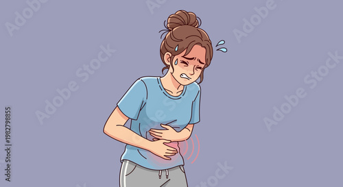Woman suffering from stomach ache, holding her belly in pain, feeling unwell, health problem