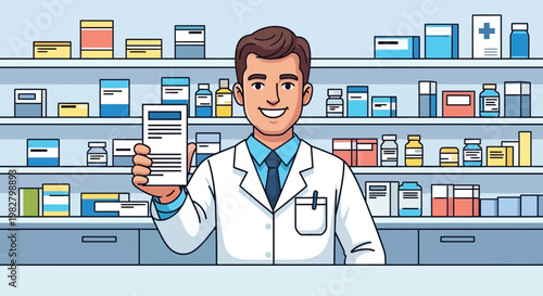 Pharmacist Showing Prescription in Pharmacy with Shelves of Medicine