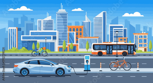 Electric car charging in modern city with bus and bicycle, sustainable transport concept