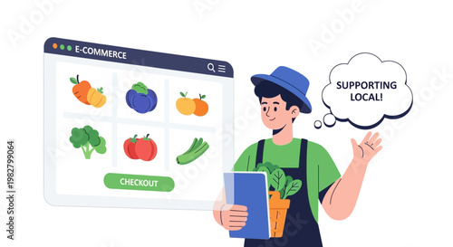 Farmer selling local produce online via e-commerce website, supporting local business