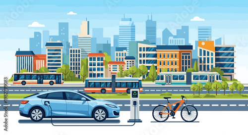 Electric car charging in a modern city with buses and bicycle, sustainable transport concept
