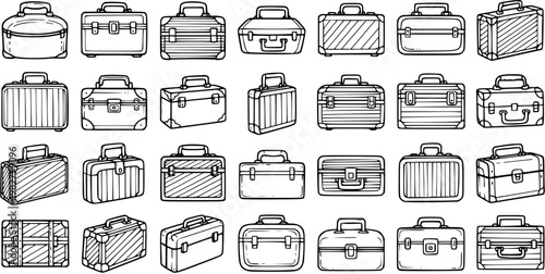 Black and White Line Art Collection of Various Suitcases and Luggage for Travel and Business