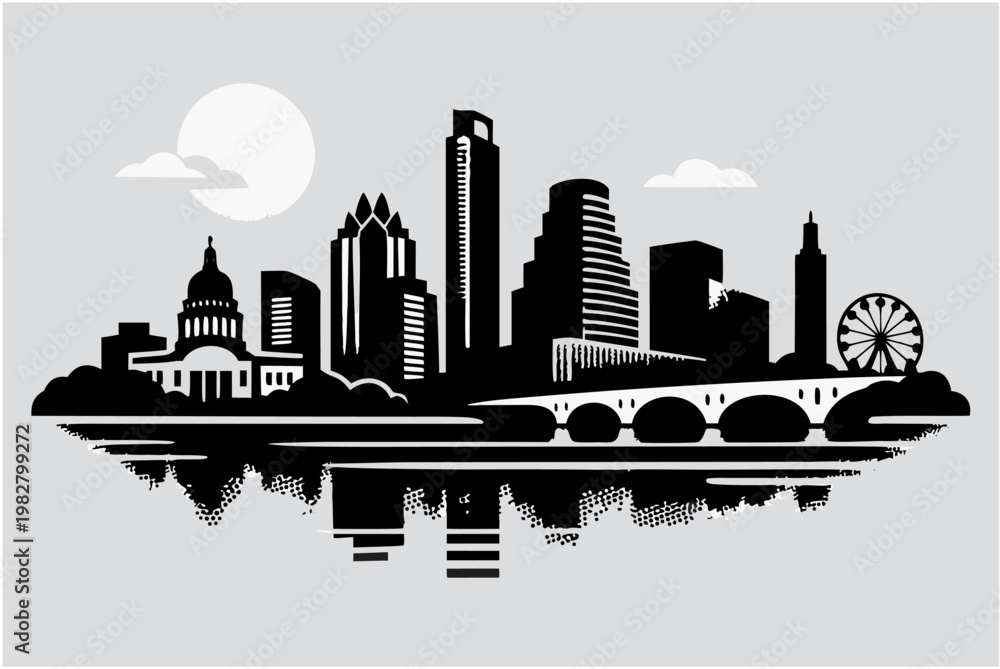 Fototapeta premium Panoramic Austin Skyline Landscape Silhouette with Reflection on Water