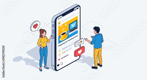 People interacting with social media on a giant smartphone screen, engagement concept