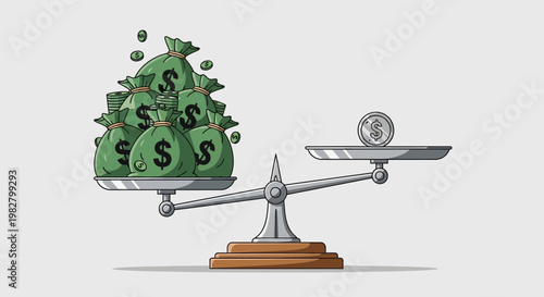 Money Bags vs Single Coin on Scale - Financial Imbalance, Wealth Disparity, Investment Risk