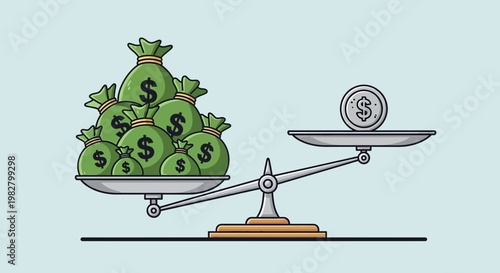 Money bags on scale vs single coin illustrating financial inequality, wealth gap, and economic imbalance