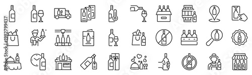 Set of 30 outline icons related to wine bottle. Linear icon collection. Editable stroke. Vector illustration