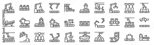 Set of 30 outline icons related to conveyor. Linear icon collection. Editable stroke. Vector illustration