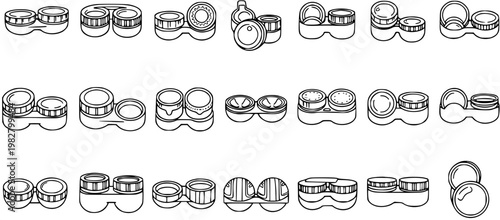 Black and White Line Art Icons of Contact Lens Cases and Bottles, Medical Ophthalmic Equipment