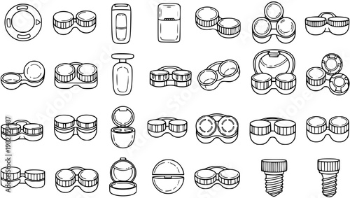 Black and White Line Art of Various Contact Lens Cases and Bottles