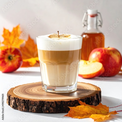 A cozy autumn scene features a latte adorned with a delicate apple slice, surrounded by vibrant fall foliage, fresh apples, and a rustic wooden slice, evoking a sense of warmth and seasonal delight.