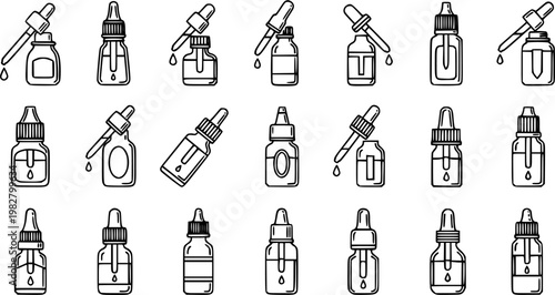 Black and White Line Art Icons of Dropper Bottles for Cosmetics, Medicine, and Science