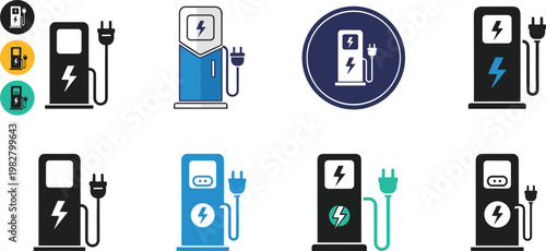 Electric and Fuel Pump Icon Set with Charging and Refueling Symbols for Transportation, Energy, and Eco-Friendly Designs