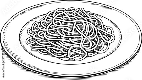 Hand-drawn spaghetti a plate, black and white pasta food