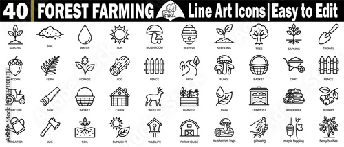 Forest farming line art icon set. Including various symbols for garden cultivation, woodland tools, and sustainable plant harvesting for agricultural design vector illustration.