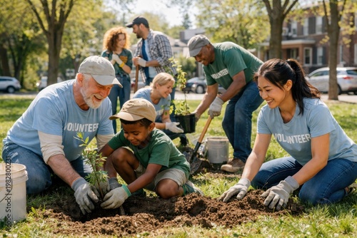 Multigenerational diverse volunteers planting young trees in urban neighborhood park