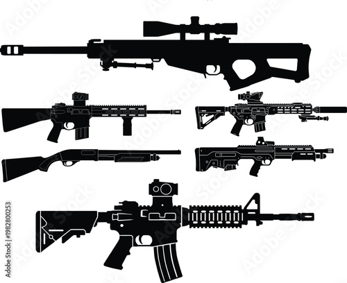 Black silhouettes of various firearms, rifles, and guns on white background