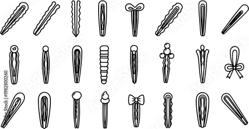 Beauty and Fashion Industry Black and White Line Art Glyphs Set of Hair Accessories Icons, including Hairpins, Bobby Pins, and Hair Clips.