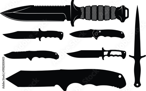 knife and dagger  Black silhouettes of various knives on white background, blade handles
