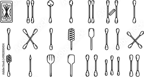 Health  Hygiene Black Line Art Vector Icons: Cotton Swabs, Ear Cleaning Tools, Buds, and Various Applicator Shapes Collection