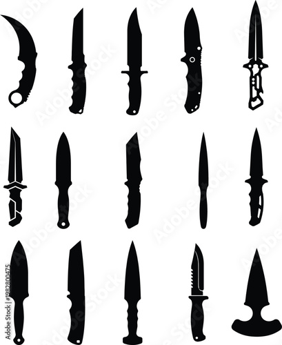 Black silhouettes of various knives and daggers on white background