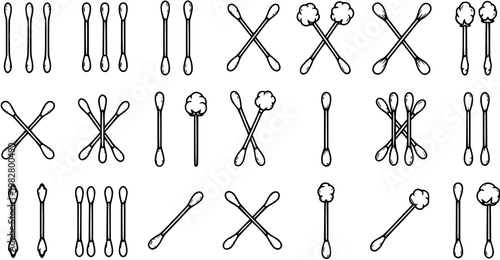 Healthcare and Beauty Cotton Swabs Line Art Icons Set. Outline Q-tips, Ear Buds, and Cosmetic Tools for Personal Hygiene and Medical Use.