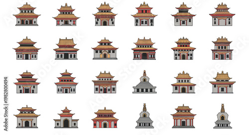 Collection of Traditional Pagoda Temples and Stupas, Asian Architecture Icons