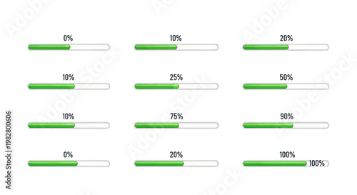 Green progress bars showing loading status and percentage completion