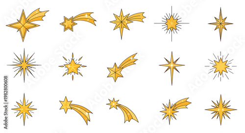 Collection of Golden Shooting Stars and Brightly Shining Stars