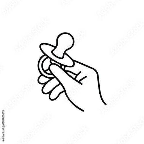 Hand holding baby pacifier black and white line icon child care vector illustration isolated on white background